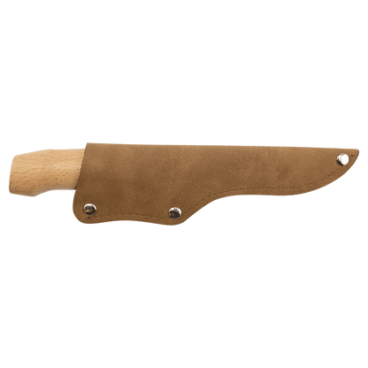 Bison River 4-inch fillet knife in a medium-brown leatherette sheath