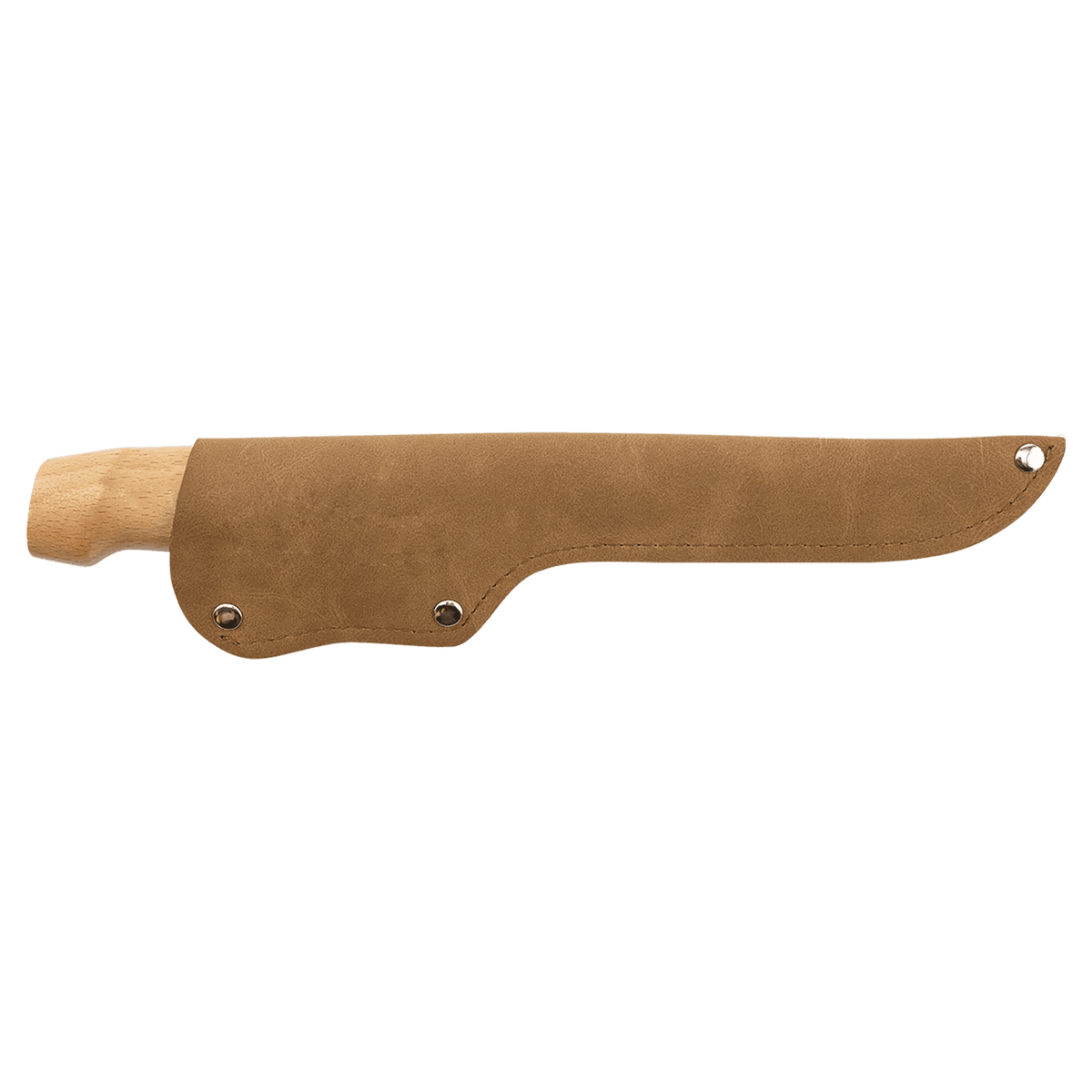 Bison River 7-inch fillet knife stored in a medium-brown leatherette sheath