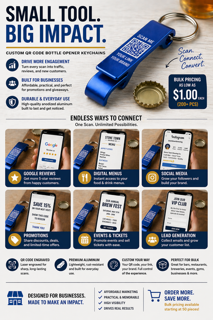 Custom Bottle Opener Keychains – Engraved Aluminum | Bulk Pricing | QR