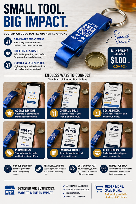 Custom Bottle Opener Keychains – Engraved Aluminum | Bulk Pricing | QR