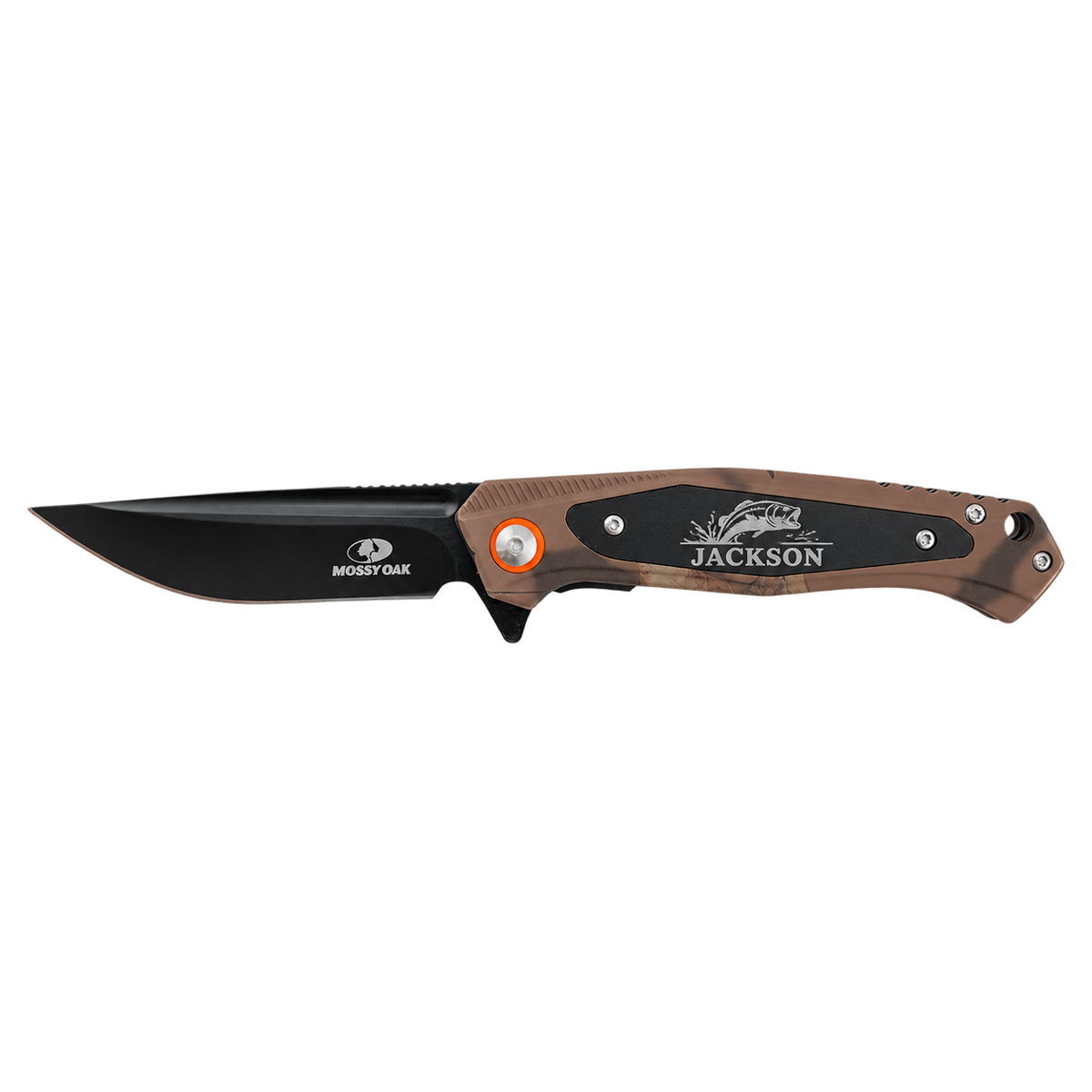 Personalized Bison River BR1071 brown Mossy Oak camo everyday carry knife engraved with a bass and the name Jackson.