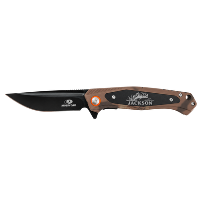 Personalized Bison River BR1071 brown Mossy Oak camo everyday carry knife engraved with a bass and the name Jackson.
