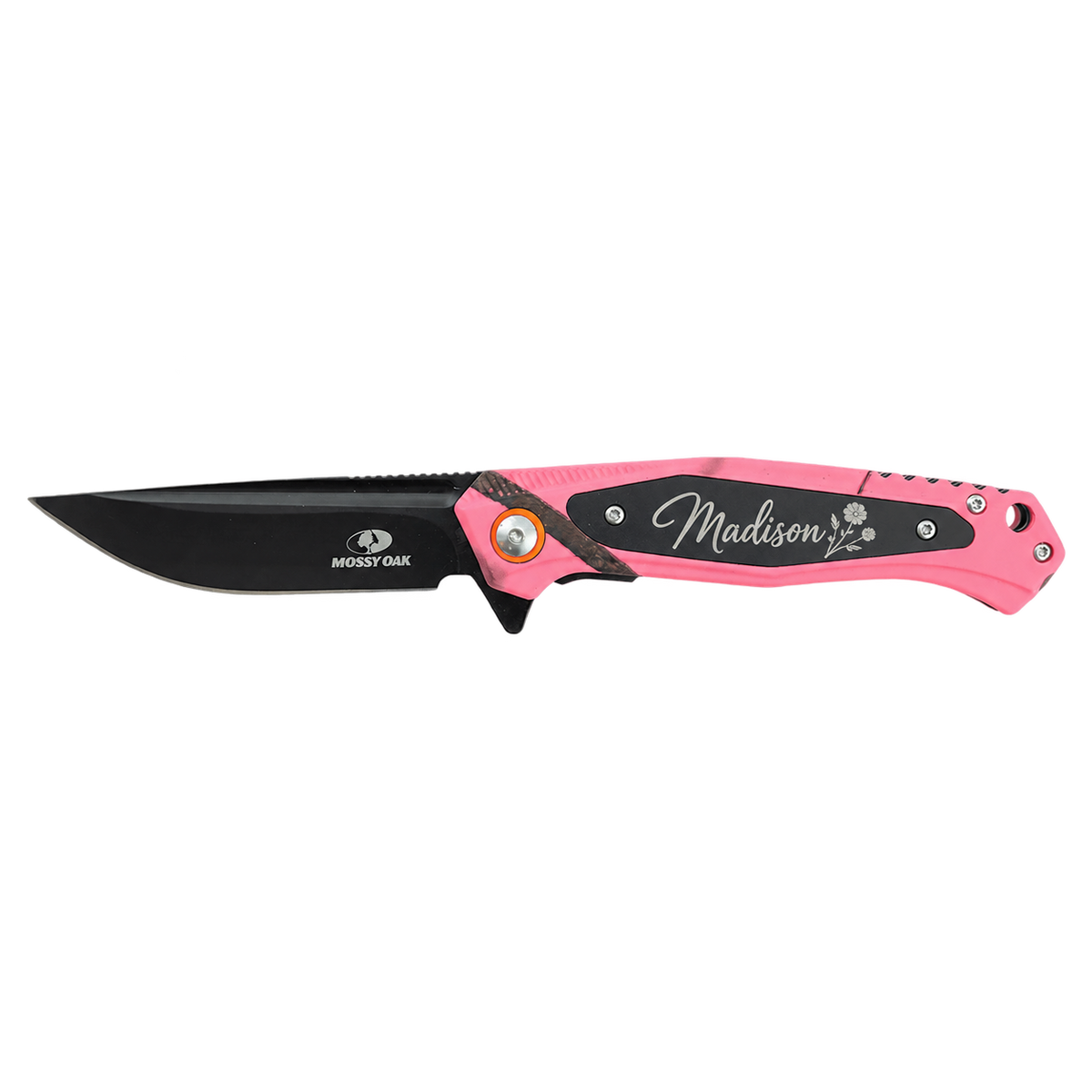 Personalized Bison River BR1072 pink Mossy Oak camo everyday carry knife engraved with the name Madison and a floral design.