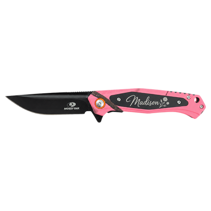 Personalized Bison River BR1072 pink Mossy Oak camo everyday carry knife engraved with the name Madison and a floral design.