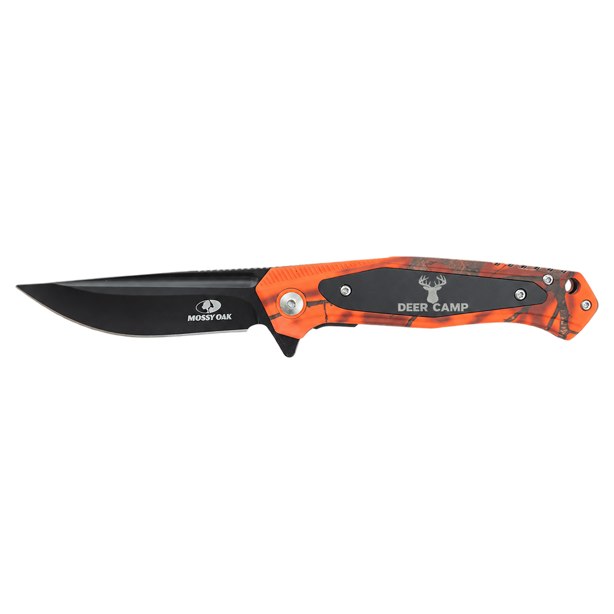 Personalized Bison River BR1073 orange Mossy Oak camo everyday carry knife engraved with a deer and the words Deer Camp.