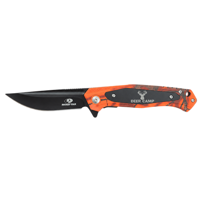 Personalized Bison River BR1073 orange Mossy Oak camo everyday carry knife engraved with a deer and the words Deer Camp.