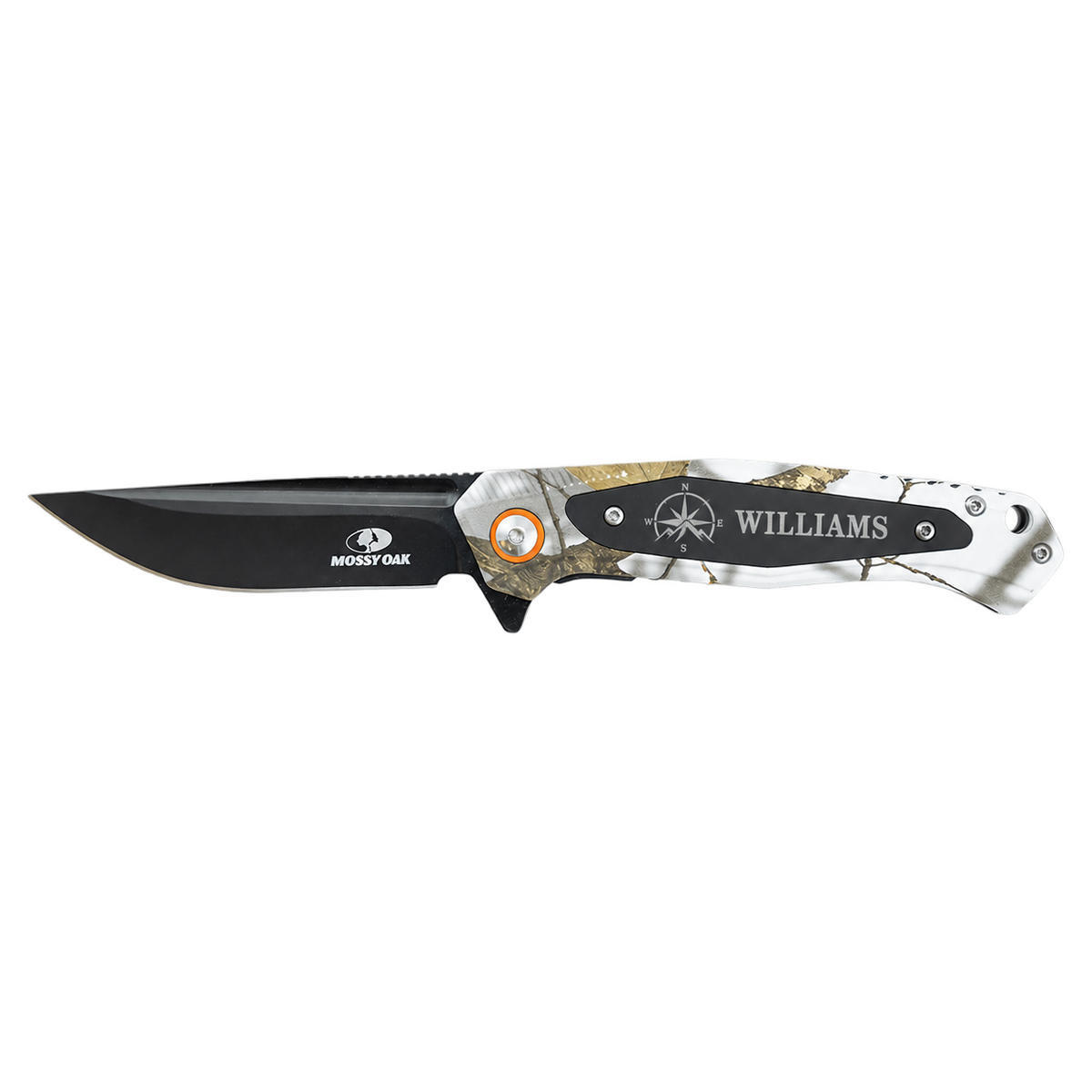 Personalized Bison River BR1074 white Mossy Oak camo everyday carry knife engraved with a compass and the name Williams.