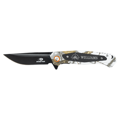 Personalized Bison River BR1074 white Mossy Oak camo everyday carry knife engraved with a compass and the name Williams.