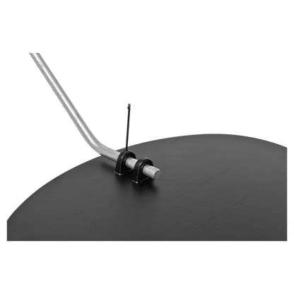 Close-up of oval cast aluminum ground sign stake bracket, bolt, and mounting hardware