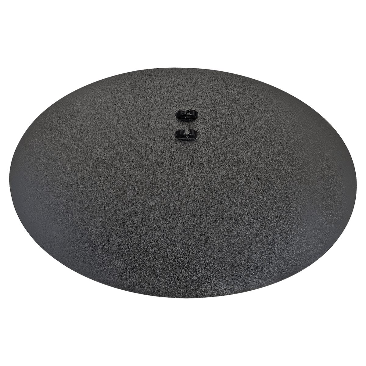 Back of black oval cast aluminum sign showing the two threaded mounting posts