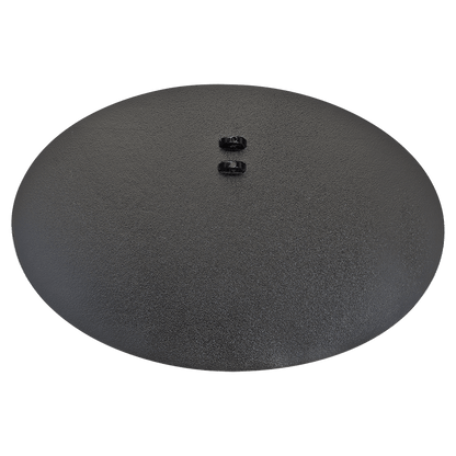 Back of black oval cast aluminum sign showing the two threaded mounting posts