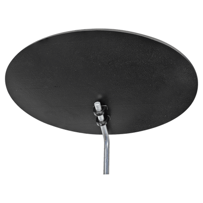Back of oval cast aluminum ground sign showing attached silver stake and mounting hardware