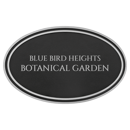 Custom Etched Cast Aluminum Oval Sign - Silver / Black - Ground Sign Stake