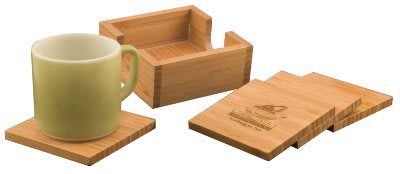 Bamboo Square 4-Coaster Set with Holder - 4" x 4" - Custom