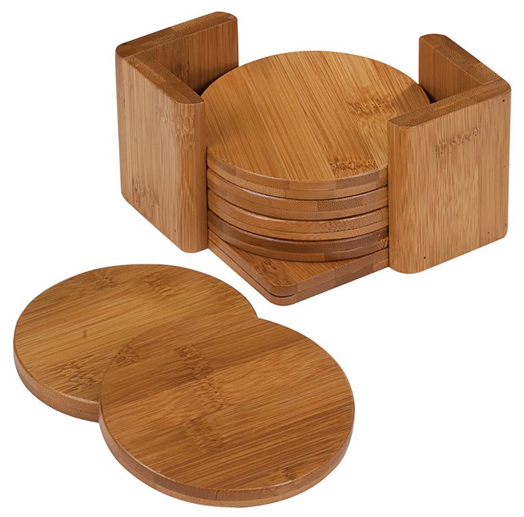 Bamboo Square or Round 6-Coaster Set with Holder - 3 3/4" - Custom