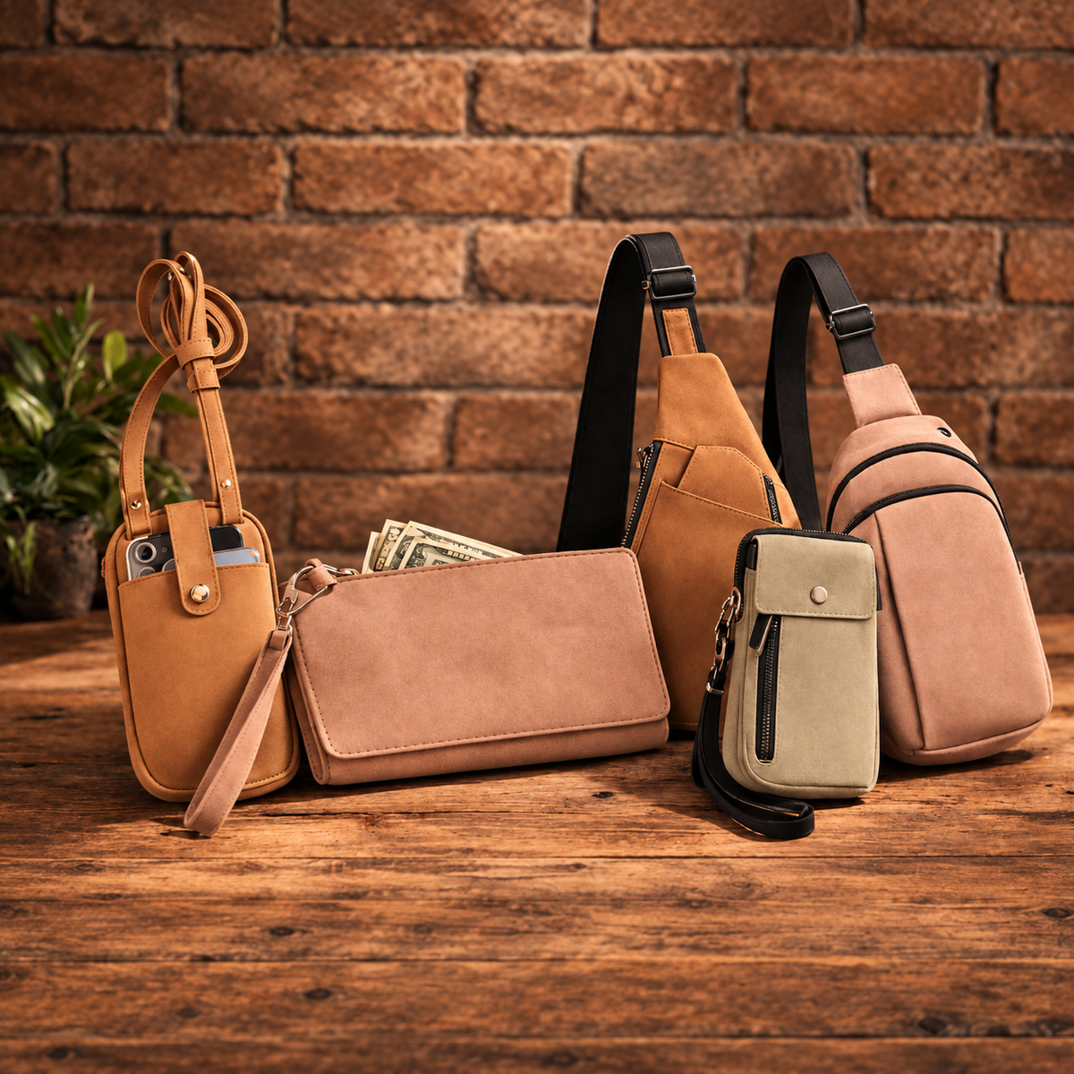 Five suede-look crossbody bags and wallets in warm neutral colors displayed on a rustic wooden table.