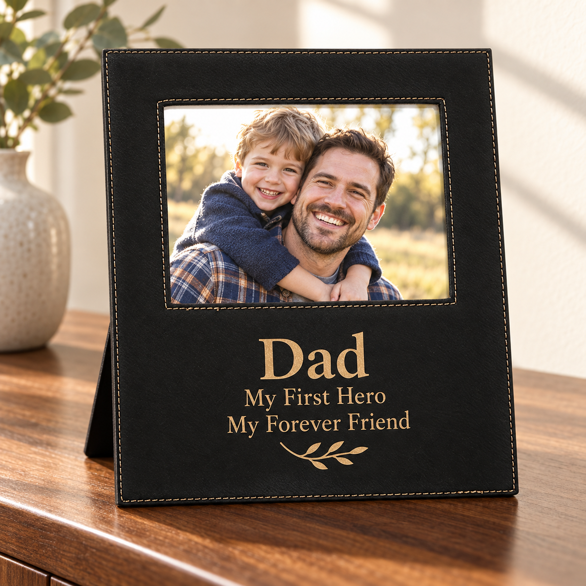 A black leatherette photo frame with gold laser etched lettering that reads 'Dad My First Hero My Forever Friend' and a small leaf motif, standing on a wooden table. The photo insert shows a smiling man carrying a child on his shoulders.