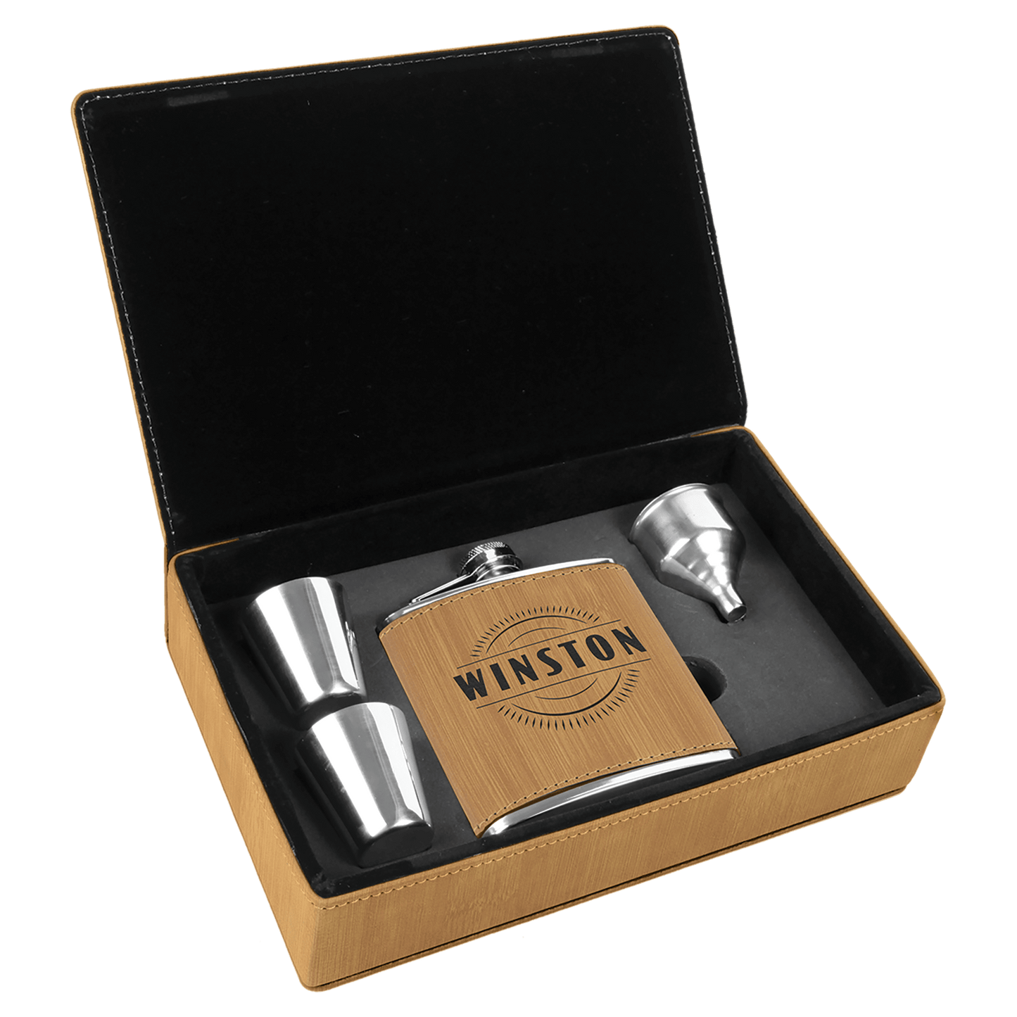 Leatherette Flask Gift Set 6 oz. (4pc) - Custom