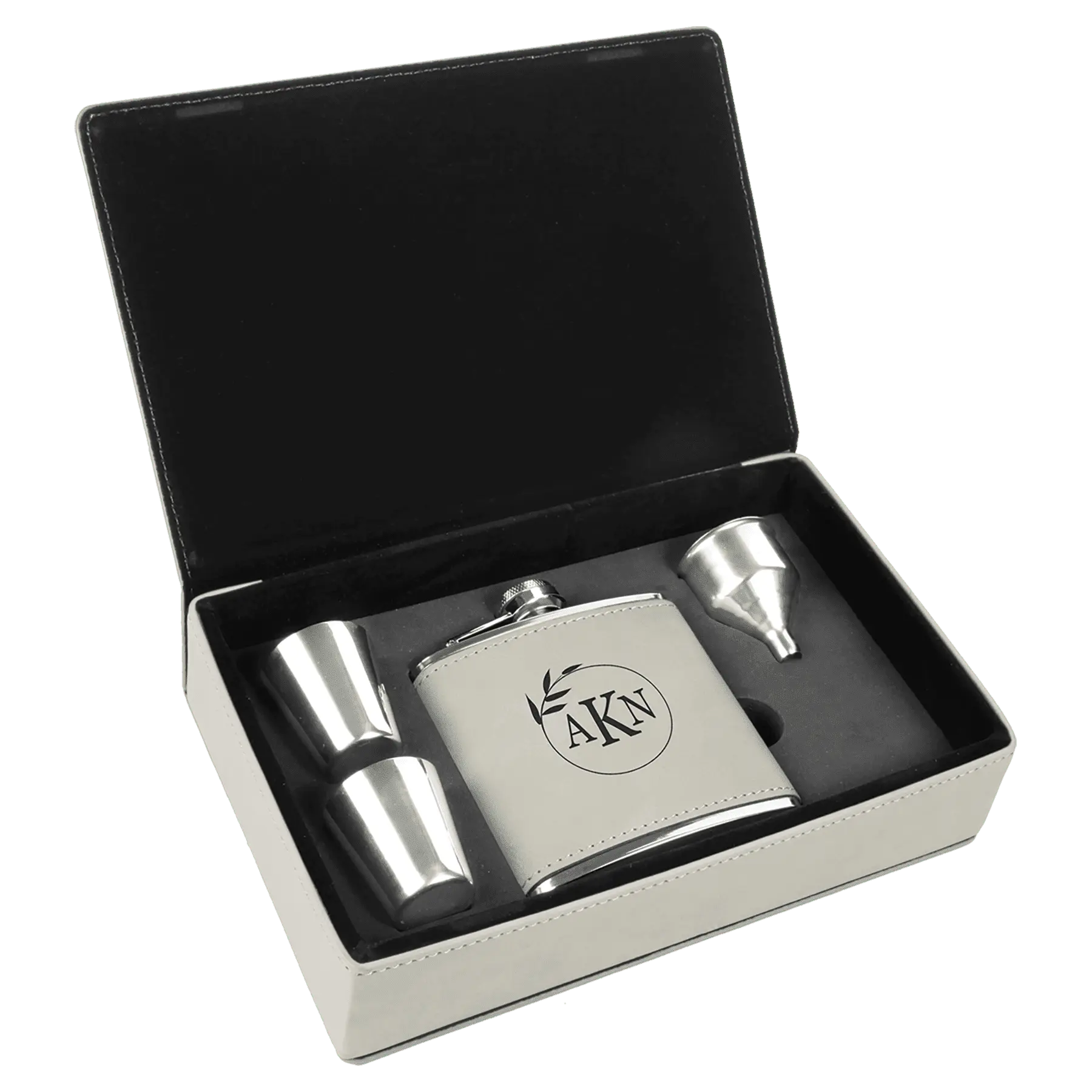 Leatherette Flask Gift Set 6 oz. (4pc) - Custom JDS