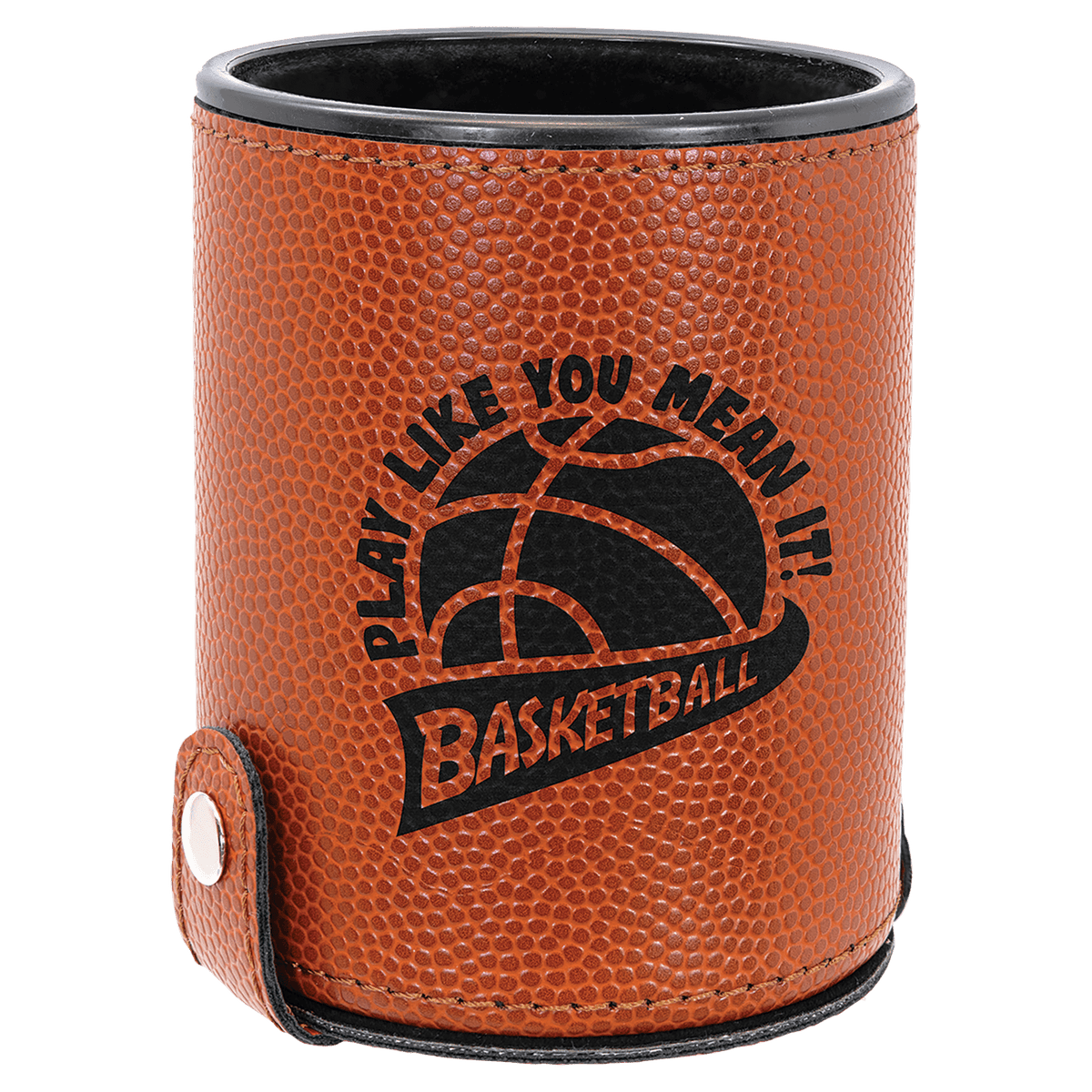 A personalized basketball textured faux-leather dice cup with a snap-button strap closure and a black interior.