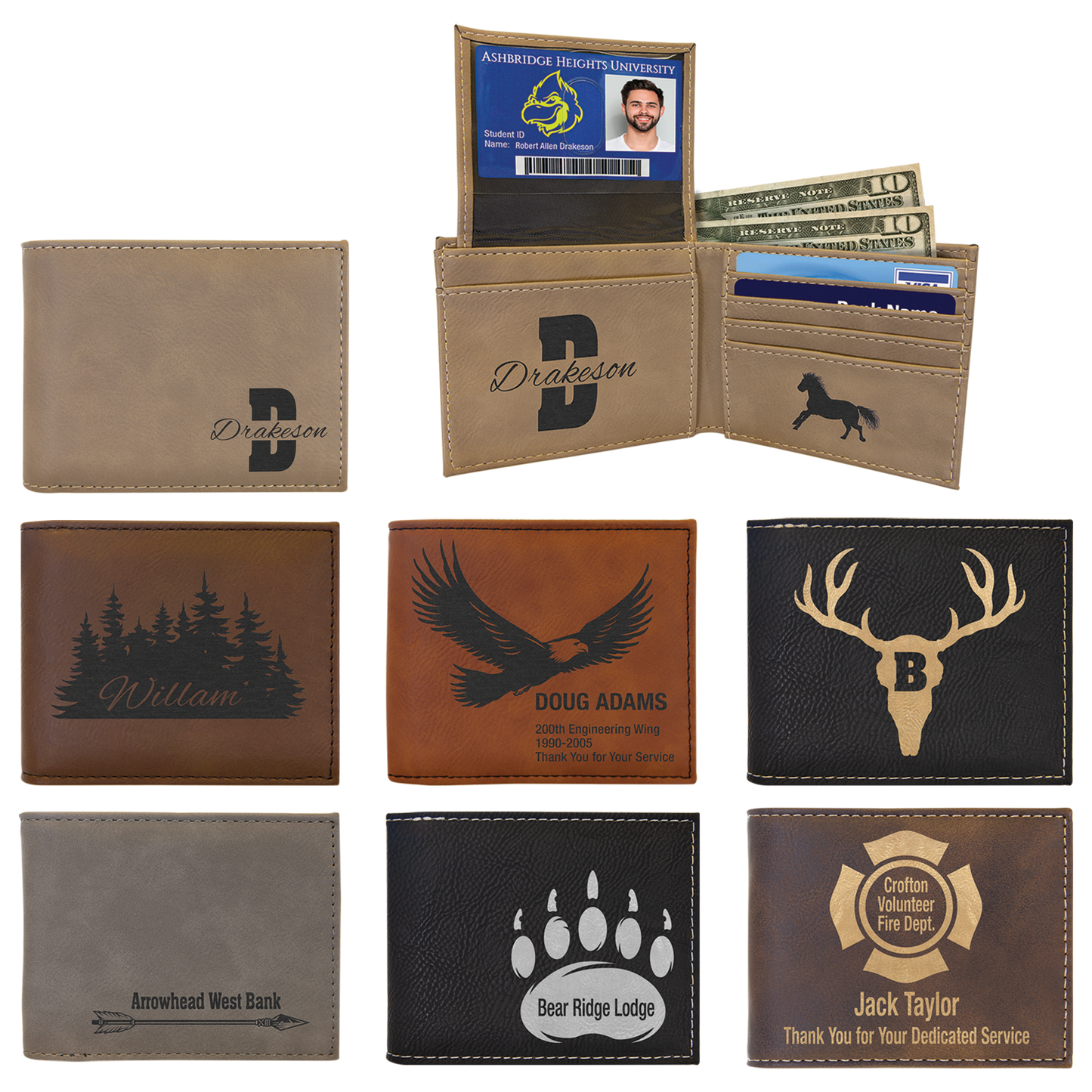Collection of personalized leather wallets with various designs and text.
