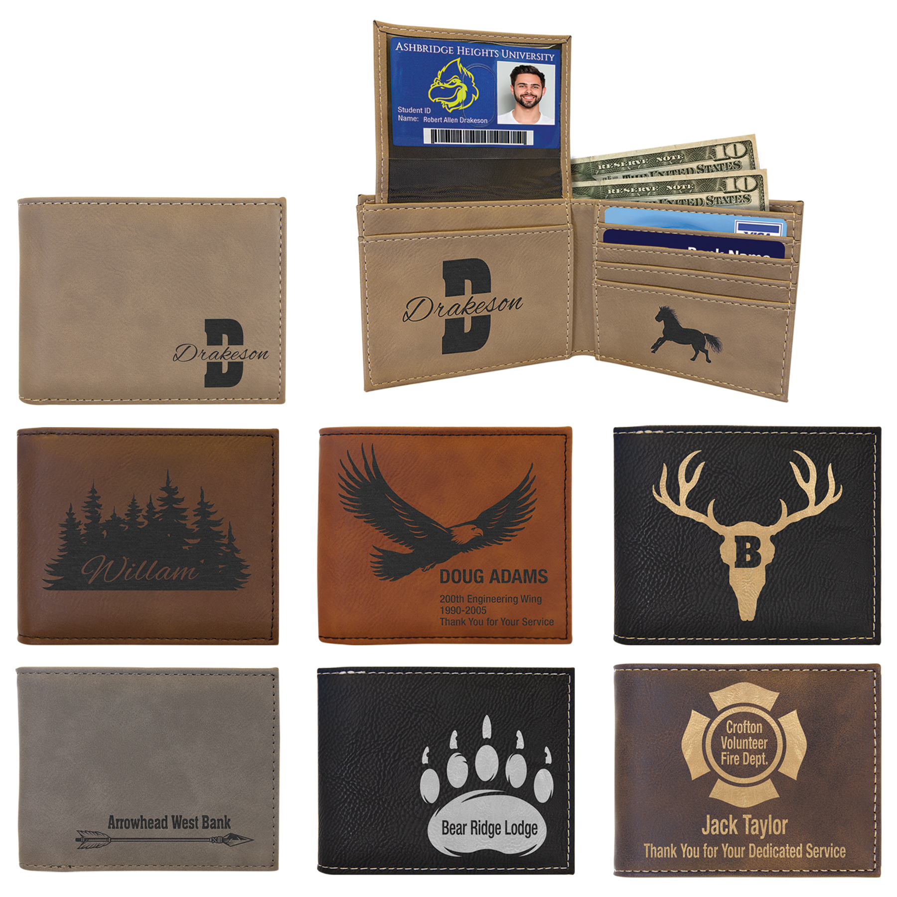 Collection of personalized leather wallets with various designs and text.