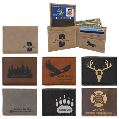 Collection of personalized leather wallets with various designs and text.