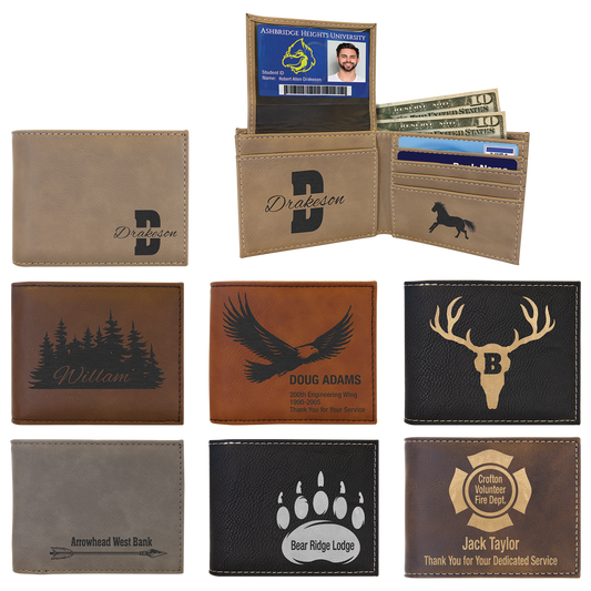 Collection of personalized leather wallets with various designs and text.
