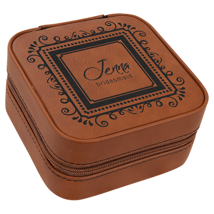 Leatherette Travel Jewelry Box with Tan Lining - 4" X 4" - Custom