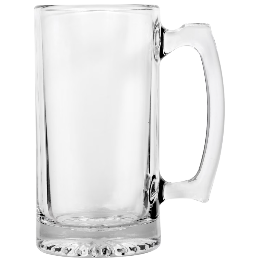 A clear glass beer mug with a thick handle and a textured, flared base, shown against a plain white background.