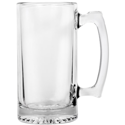 A clear glass beer mug with a thick handle and a textured, flared base, shown against a plain white background.