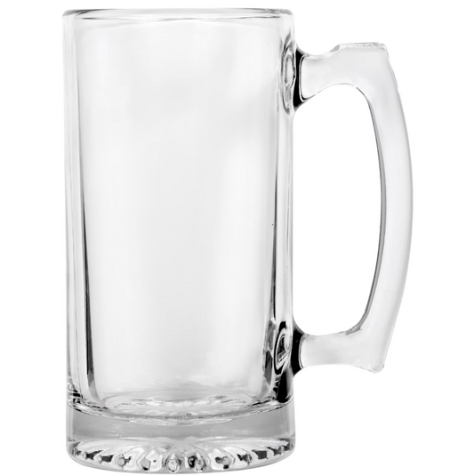 A clear glass beer mug with a thick handle and a textured, flared base, shown against a plain white background.