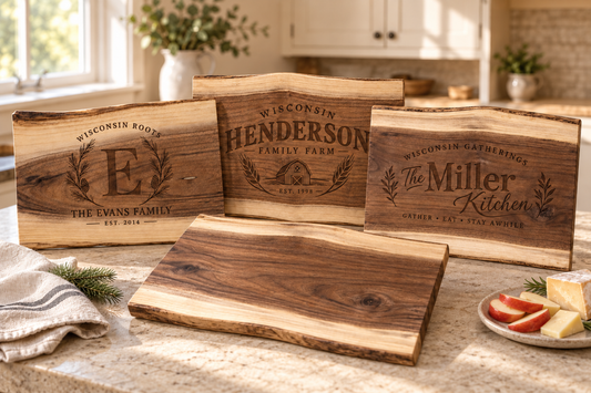 Personalized black walnut cutting boards with custom family engravings displayed in a warm kitchen, with one board in front beside a plate of cheese and fruit
