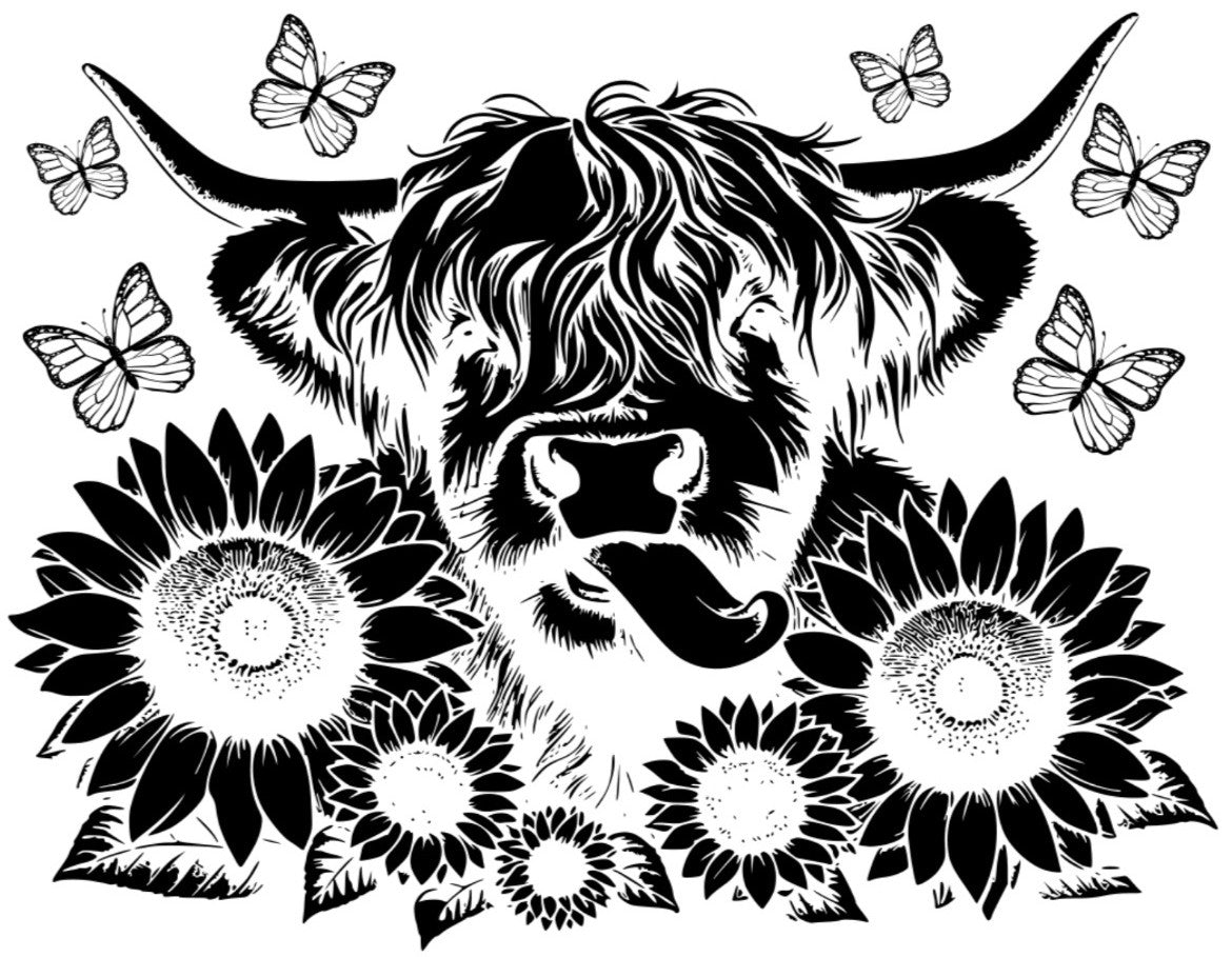 Highland Cow & Sunflowers