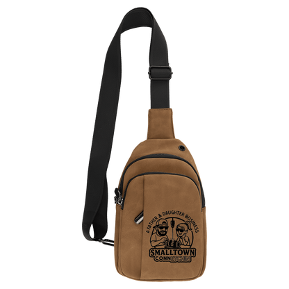Brown sling bag with black strap on a white background