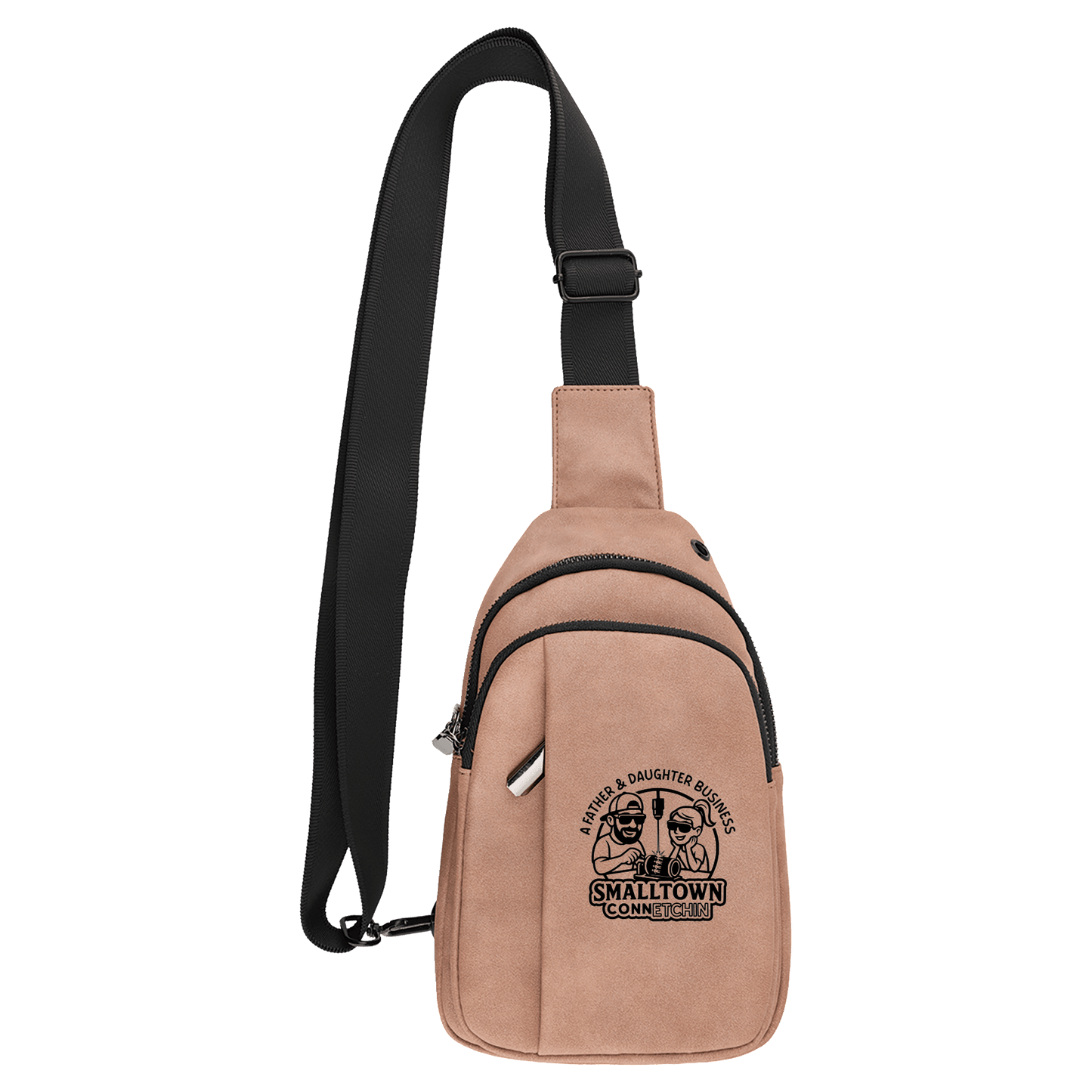 Beige sling bag with black strap on a blank background