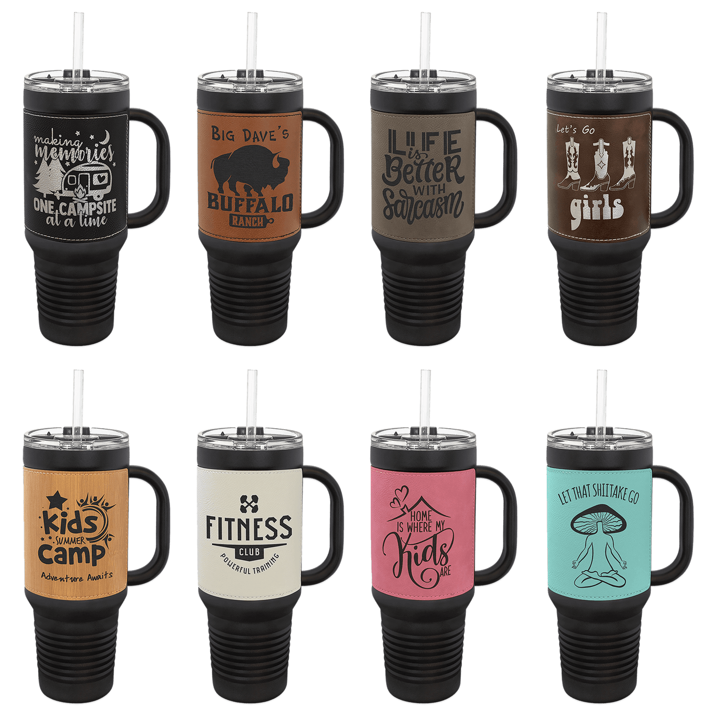 40 oz - Leather Wrapped - Travel Mug with Handle, Straw Included - Custom