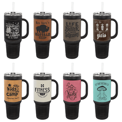 40 oz - Leather Wrapped - Travel Mug with Handle, Straw Included - Custom