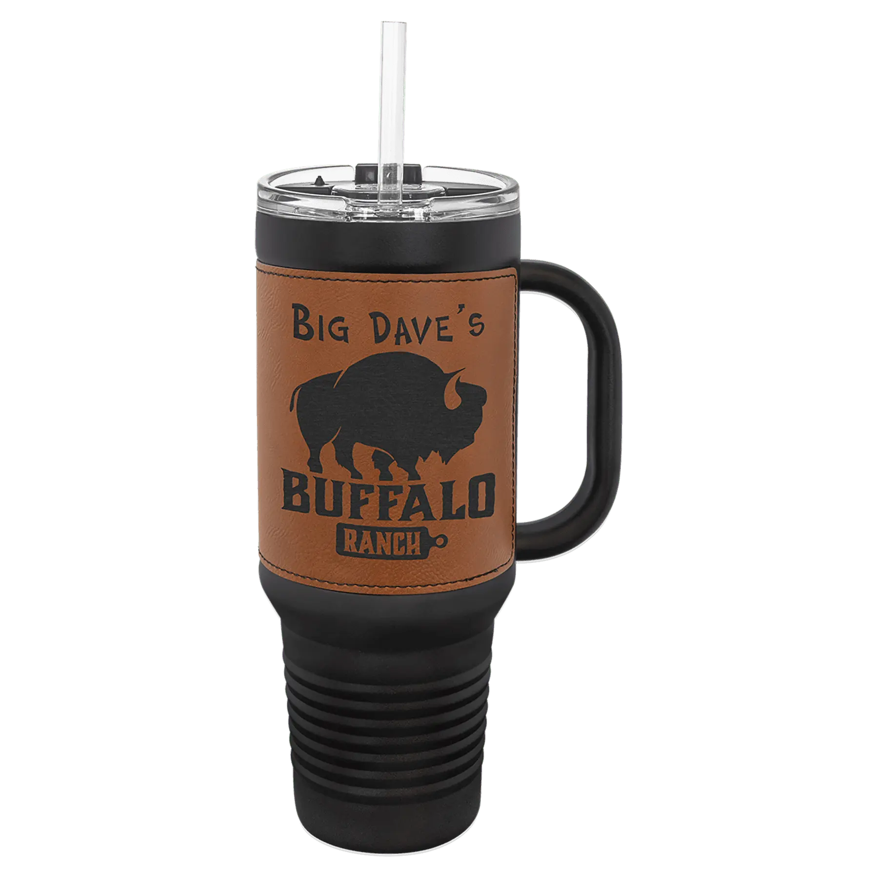 40 oz - Leather Wrapped - Travel Mug with Handle, Straw Included - Custom JDS
