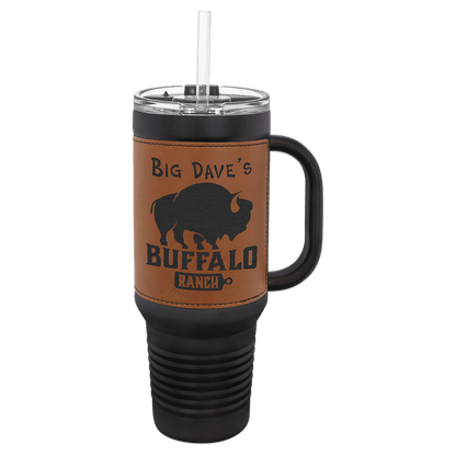 40 oz - Leather Wrapped - Travel Mug with Handle, Straw Included - Custom