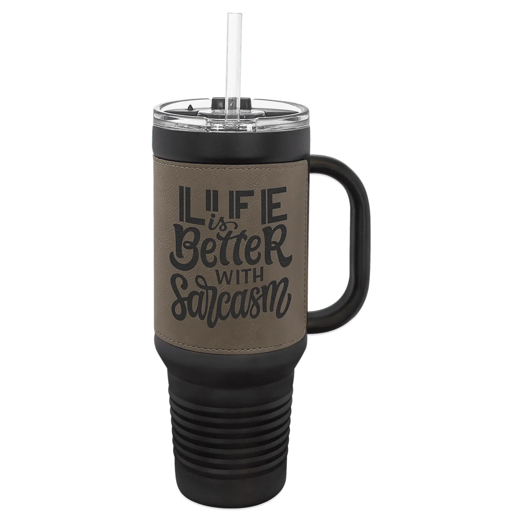 40 oz - Leather Wrapped - Travel Mug with Handle, Straw Included - Custom JDS