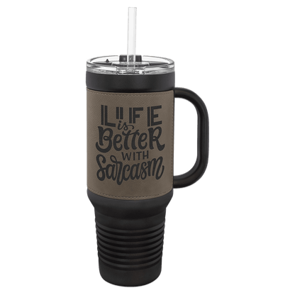 40 oz - Leather Wrapped - Travel Mug with Handle, Straw Included - Custom