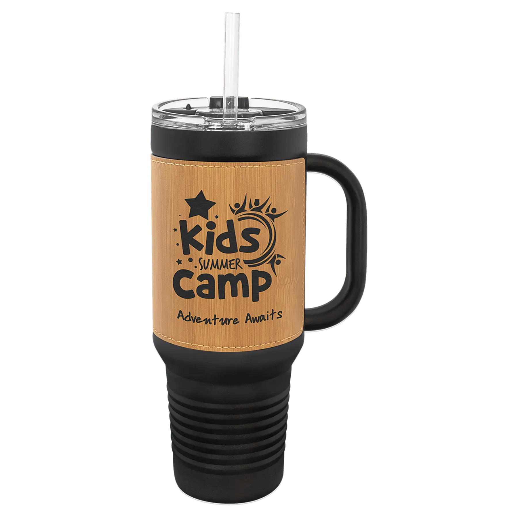 40 oz - Leather Wrapped - Travel Mug with Handle, Straw Included - Custom JDS