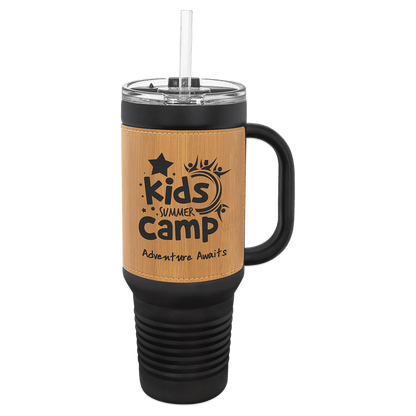 40 oz - Leather Wrapped - Travel Mug with Handle, Straw Included - Custom