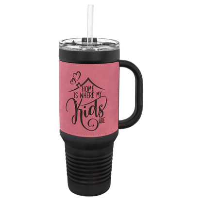 40 oz - Leather Wrapped - Travel Mug with Handle, Straw Included - Custom