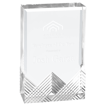 Small clear Apex Mirage acrylic award with silver accents and personalized Employee of the Year engraving