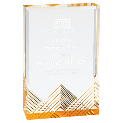 Medium clear Apex Mirage acrylic award with gold accents and personalized recognition engraving