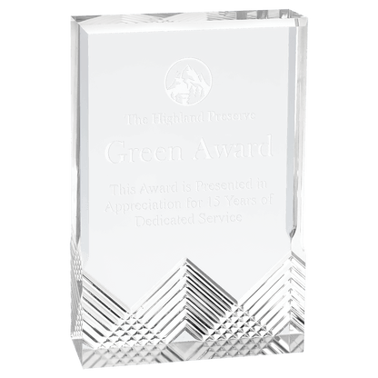 Medium clear Apex Mirage acrylic award with silver accents and personalized Green Award engraving