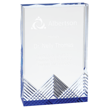 Large clear Apex Mirage acrylic award with blue accents and personalized professional honors engraving