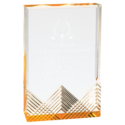 Large clear Apex Mirage acrylic award with gold accents and personalized golf tournament engraving